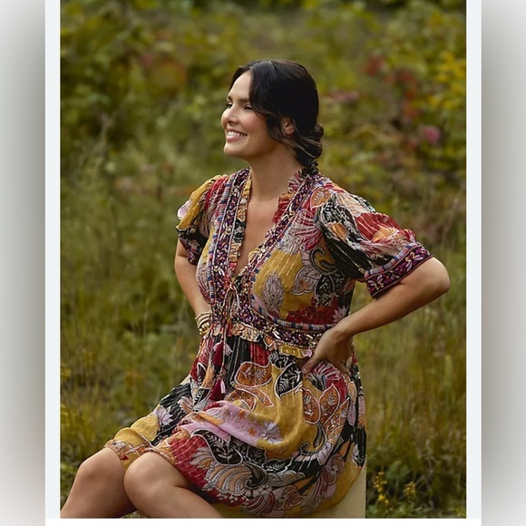 ANTHROPOLOGIE Beaded Sequin Shimmer Mini Dress Bohemian sz Medium - Picture 9 of 9